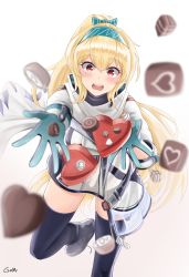 Rule 34 | 1girl, artist name, black bodysuit, blonde hair, blush, bodysuit, bow, candy, chocolate, chocolate heart, food, gamryous, girls&#039; frontline, gloves, green hairband, hair bow, hairband, heart, highres, jacket, long hair, looking at viewer, mod3 (girls&#039; frontline), multicolored clothes, multicolored gloves, ponytail, red eyes, russian flag, scarf, smile, solo, sv-98 (girls&#039; frontline), sv-98 (mod3) (girls&#039; frontline), thighhighs, turtleneck, valentine, white jacket, white scarf
