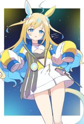 Rule 34 | 1girl, ahoge, animal ears, blonde hair, blue eyes, breasts, cleavage, cleavage cutout, clothing cutout, coat, colored inner hair, crop top, dated, feet out of frame, hair ornament, hands up, horse ears, horse girl, horse tail, koruri, light blush, long hair, looking at viewer, multicolored hair, neo universe (umamusume), open mouth, partially unzipped, sleeves past fingers, sleeves past wrists, small breasts, solo, tail, twitter username, umamusume, white coat