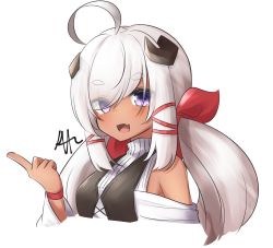 Rule 34 | 1girl, :d, ahoge, black vest, bow, eyes visible through hair, fang, hair bow, haira (klaius), hand up, highres, horns, index finger raised, klaius, long hair, looking at viewer, open mouth, original, purple eyes, red bow, simple background, skin fang, smile, solo, twintails, upper body, vest, white background, wristband