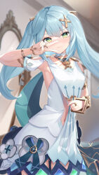 Rule 34 | 1girl, absurdres, aqua hair, arm up, armpits, bare shoulders, blunt bangs, blurry, blurry background, bracelet, breasts, closed mouth, clothes pull, clothing cutout, cowboy shot, cross hair ornament, detached sleeves, diagonal bangs, dress pull, faruzan (genshin impact), genshin impact, green eyes, hair ornament, highres, jewelry, kuroida, long hair, looking at viewer, multicolored clothes, multicolored skirt, navel, neck ring, pulled by self, ring, shirt, short sleeves, skirt, skirt cutout, sleeveless, sleeveless shirt, small breasts, solo, sweat, symbol-shaped pupils, thighs, triangle-shaped pupils, twintails, v, v over mouth, wavy mouth, white shirt, white skirt