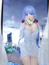 Rule 34 | 1girl, absurdres, bare shoulders, blue eyes, blue flower, blue hair, book, bow, breasts, building, cloud, cloudy sky, collared shirt, commentary request, covered mouth, curtains, dress shirt, eyebrows hidden by hair, flower, hair bow, highres, hydrangea, indoors, long hair, long sleeves, looking at viewer, low twintails, medium breasts, naked shirt, off shoulder, open book, original, rain, red bow, revision, shirt, signature, sky, skyscraper, sleeves past wrists, solo, translation request, transparent, twintails, very long hair, white shirt, yamano (yamanoh)