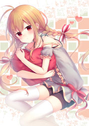Rule 34 | 1girl, amane kurumi, antenna hair, bare shoulders, black shorts, blonde hair, blush, braid, closed mouth, collarbone, frilled sleeves, frills, from side, hair ornament, hair ribbon, hairclip, heart, heart-shaped pillow, hugging object, long hair, looking at viewer, no shoes, off-shoulder shirt, off shoulder, original, pillow, pillow hug, puffy short sleeves, puffy sleeves, red eyes, ribbon, shirt, short sleeves, shorts, solo, striped ribbon, thighhighs, twin braids, very long hair, white thighhighs