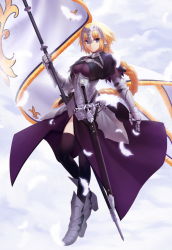 Rule 34 | 1girl, armor, armored boots, armored dress, banner, black ribbon, black thighhighs, blonde hair, blue eyes, boots, braid, breasts, capelet, chain, closed mouth, cloud, cloudy sky, day, dress, falling feathers, fate/grand order, fate (series), faulds, feathers, full body, gauntlets, hair ribbon, headpiece, holding, jeanne d&#039;arc (fate), jeanne d&#039;arc (ruler) (fate), langlang, long dress, long hair, looking at viewer, looking to the side, medium breasts, outdoors, plackart, purple dress, ribbon, scabbard, sheath, sheathed, single braid, sky, smile, solo, standing, sword, thighhighs, very long hair, weapon, white feathers, wind