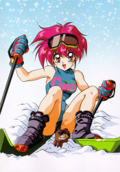 Rule 34 | 1girl, bare arms, clothes writing, gloves, goggles, highres, leotard, mole, mole (animal), mon mon, red eyes, red hair, ski gear, ski goggles, snow, solo, swimsuit