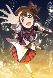 Rule 34 | 1girl, ayano yuu (sonma 1426), bow, bowtie, breasts, brown eyes, brown hair, dress, formal, frilled dress, frills, hair ornament, hairclip, highres, holding, holding microphone, idol, idol clothes, idolmaster, idolmaster million live!, idolmaster million live! theater days, kasuga mirai, medium breasts, microphone, music, one side up, open mouth, pleated skirt, red skirt, ribbon, scrunchie, short hair, singing, skirt, smile, solo, starting bloom (idolmaster), suit, uniform, yellow eyes