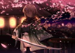 Rule 34 | 1girl, ahoge, blonde hair, bow, cherry blossoms, fate/grand order, fate (series), hair bow, highres, japanese clothes, katana, koha-ace, okita souji (fate), okita souji (koha-ace), scarf, shinsengumi, short hair, solo, sword, weapon, xiaoxie, yellow eyes