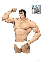 Rule 34 | 1boy, abs, absurdres, bara, bulge, character request, cropped legs, fire emblem, flexing, grin, highres, huge pectorals, large hands, large pectorals, loose hair strand, male focus, mature male, muscular, muscular male, my eight, navel, nintendo, nipples, pectorals, reference inset, smile, solo, thick eyebrows, thick thighs, thighs, topless male, v-taper, white background