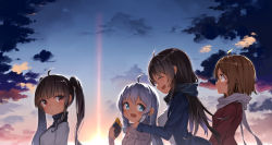 Rule 34 | 4girls, :d, absurdres, ahoge, black sweater, blue eyes, blue hair, blue jacket, blue scarf, blue sky, blush, brown eyes, brown hair, closed mouth, cloud, commentary, darnell, english commentary, food, hair between eyes, highres, holding, holding food, jacket, long hair, long sleeves, multiple girls, open mouth, outdoors, profile, red eyes, red jacket, ribbed sweater, scarf, shirt, sky, sleeves past wrists, smile, soulworker, stella unibell, sunset, sweater, turtleneck, turtleneck sweater, twintails, upper body, very long hair, white jacket, white scarf, white shirt