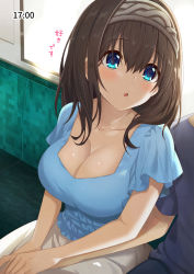 Rule 34 | 1boy, 1girl, azuki yui, black hair, blue eyes, blush, breasts, casual, cleavage, collarbone, commentary request, hairband, holding hands, idolmaster, idolmaster cinderella girls, large breasts, looking at another, medium hair, open mouth, sagisawa fumika, short sleeves, sitting, skirt, solo focus, timestamp, window