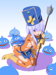 Rule 34 | 1girl, :d, blue hat, blue tabard, blunt bangs, bodysuit, boots, breasts, chunsoft, chyko7080, colored eyelashes, cross, dragon quest, dragon quest iii, enix, fantasy, flat color, from side, gem, gloves, gradient background, hair over one eye, hat, holding, kneeling, leaning forward, long hair, mace, mitre, monster, no bra, no lineart, no panties, o o, open mouth, priest (dq3), red eyes, shadow, sidelocks, silver hair, sitting, sitting on person, size difference, sketch, slime (dragon quest), small breasts, smile, solo, staff, tabard, tears, torn bodysuit, torn clothes, torn tabard, transparent, weapon