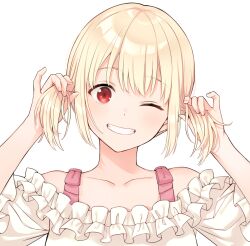 Rule 34 | 1girl, blonde hair, bob cut, bunching hair, collarbone, e (eokiba), frilled shirt, frills, looking at viewer, lycoris recoil, nishikigi chisato, off shoulder, one eye closed, red eyes, shirt, short hair, short sleeves, simple background, smile, solo, teeth, upper body, white background, white shirt
