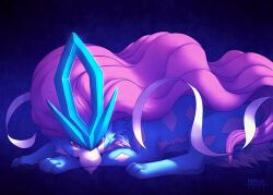 Rule 34 | animal, animal focus, closed mouth, creatures (company), dated, falvie, game freak, gen 2 pokemon, legendary pokemon, long hair, lying, nintendo, pawpads, pokemon, pokemon (creature), purple hair, red eyes, ribbon, signature, smile, solo, suicune, very long sleeves