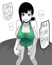 Rule 34 | 1girl, apron, black eyes, black hair, blush, breasts, chainsaw man, coffee cup, cup, disposable cup, english text, higashiyama kobeni, highres, large breasts, meme, naked apron, nyxkz, open mouth, pen, short ponytail, smile, solo, speech bubble, sweatdrop