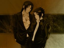 Rule 34 | 2boys, artist request, brothers, contemporary, cross, formal, indoors, jewelry, male focus, multiple boys, naruto, naruto (series), necklace, sepia tone, siblings, suit, uchiha itachi, uchiha sasuke