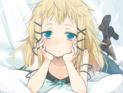 Rule 34 | 10s, 1girl, black bullet, blonde hair, blue eyes, curtains, feathers, feet, hanako (jiji), hands on own cheeks, hands on own face, highres, legs up, lying, no shoes, on stomach, pillow, smile, solo, tina sprout