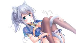 Rule 34 | 1girl, :o, animal ears, between legs, black thighhighs, blue dress, blue eyes, blue ribbon, blush, bow, bowtie, breasts, cat ears, cat girl, cat tail, china dress, chinese clothes, cleavage, commentary request, dress, fang, frilled thighhighs, frills, hair between eyes, hand on leg, heart, highres, holding, jewelry, large areolae, long hair, looking at viewer, lying, medium breasts, on back, original, parted lips, pink lips, ponytail, puffy short sleeves, puffy sleeves, ribbon, ring, sakura moyon, short sleeves, sidelocks, signature, silver hair, simple background, solo, tail, tail between legs, thighhighs, wallpaper, white background