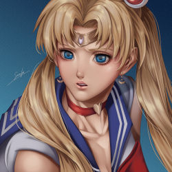 Rule 34 | bishoujo senshi sailor moon, blonde hair, blue background, blue eyes, blue sailor collar, breasts, choker, cleavage, collarbone, crescent, crescent earrings, derivative work, diadem, earrings, hair over shoulder, heart, heart choker, jewelry, meme, open mouth, parted bangs, parted lips, pink lips, red choker, sailor collar, sailor moon, sailor moon redraw challenge (meme), sailor senshi, sailor senshi uniform, signature, sirenlin, solo, tsukino usagi, twintails, upper body