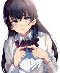 Rule 34 | 1girl, artist name, artist request, blue hair, blush, bow, bowtie, breasts, collared shirt, female focus, fingers together, hair between eyes, highres, long hair, looking at viewer, love live!, love live! school idol project, otonokizaka school uniform, parted lips, red bow, red bowtie, school uniform, shirt, small breasts, smile, solo, sonoda umi, upper body, white background, white shirt, wing collar, yellow eyes