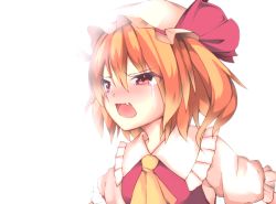 Rule 34 | 1girl, angry, arm up, ascot, blonde hair, blush, commentary request, crying, crying with eyes open, cycloneyukari, fang, flandre scarlet, hair between eyes, hat, hat ribbon, looking to the side, mob cap, open mouth, puffy short sleeves, puffy sleeves, red eyes, red vest, ribbon, shirt, short hair, short sleeves, side ponytail, sidelighting, simple background, solo, tears, touhou, uneven eyes, upper body, vest, white background, white hat, white shirt, yellow ascot