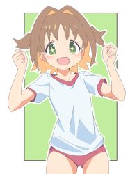 Rule 34 | + +, 1girl, border, brown hair, buruma, clenched hands, colored inner hair, commentary, cowboy shot, green background, green eyes, gym uniform, hair intakes, hands up, highres, looking at viewer, multicolored hair, noyama takenoko, oka asahi, onii-chan wa oshimai!, orange hair, outline, outside border, red buruma, short hair, short sleeves, simple background, solo, two-tone hair, two side up, white border, white outline