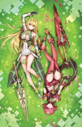 Rule 34 | 2girls, armor, athenawyrm, blonde hair, breasts, dress, dual persona, field, fingerless gloves, full body, gloves, large breasts, long hair, looking at viewer, multiple girls, mythra (xenoblade), nintendo, pyra (xenoblade), red eyes, red hair, short hair, smile, sword, weapon, xenoblade chronicles (series), xenoblade chronicles 2, xenoblade chronicles (series), xenoblade chronicles 2, yellow eyes