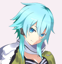 Rule 34 | 1girl, absurdres, bad id, bad pixiv id, blue eyes, blue hair, closed mouth, green jacket, grey background, hair between eyes, highres, jacket, looking at viewer, oilen0731, portrait, scarf, short hair with long locks, simple background, sinon, smile, solo, sword art online, white scarf