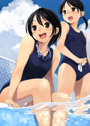 Rule 34 | 2girls, :d, bad id, bad pixiv id, black eyes, black hair, blue one-piece swimsuit, chain-link fence, cloud, day, fence, from below, goggles, goggles around neck, looking afar, multiple girls, one-piece swimsuit, open mouth, original, oryo (oryo04), outdoors, pool, poolside, school swimsuit, shiny skin, sitting, sky, smile, soaking feet, swim cap, swimsuit, underwater, water, wet
