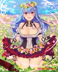 Rule 34 | 1girl, bare shoulders, black dress, blue hair, blush, breasts, cherry, cherry earrings, cleavage, collarbone, company name, day, dress, earrings, falkyrie no monshou, flower, food, food-themed earrings, food themed earrings, fruit, head wreath, jewelry, large breasts, looking at viewer, natsumekinoko, off-shoulder dress, off shoulder, official art, open mouth, outdoors, red eyes, sitting, smile, solo, wariza