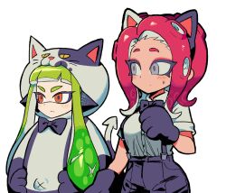 Rule 34 | 2girls, animal ear hairband, animal ears, animal hands, black bow, black bowtie, black pants, bow, bowtie, cat ear hairband, cat ears, commentary request, cosplay, dark-skinned female, dark skin, fake animal ears, gloves, green hair, hairband, highres, inkling, inkling girl, inkling player character, judd (splatoon), judd (splatoon) (cosplay), korean commentary, long hair, medium hair, multiple girls, nintendo, octoling, octoling girl, octoling player character, orange eyes, pants, paw gloves, red hair, shirt, simple background, splatkae, splatoon (series), splatoon 3, standing, suspenders, sweat, tentacle hair, white background, white shirt