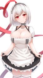 Rule 34 | 1girl, anchor symbol, apron, azur lane, black dress, breasts, collar, dress, frilled apron, frilled dress, frills, hairband, highres, lace-trimmed hairband, lace trim, large breasts, light smile, looking at viewer, metal collar, puffy short sleeves, puffy sleeves, red eyes, red ribbon, ribbon, short hair, short sleeves, simple background, sirius (azur lane), solo, standing, takoho (frrh8747), thighhighs, two-tone dress, white apron, white background, white dress, white hair, white thighhighs, zettai ryouiki