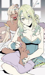 Rule 34 | 2girls, applying pedicure, barefoot, blonde hair, blush, braid, braided bangs, branch, breasts, bridal gauntlets, ceres fauna, cleavage, cushion, dark-skinned female, dark skin, flower, green hair, hair flower, hair ornament, hololive, hololive english, large breasts, laughing, long hair, mole, mole under eye, multicolored hair, multiple girls, nail polish, painting nails, painting toenails, since2019, split mouth, stuffed animal, stuffed toy, teddy bear, tsukumo sana, twintails, very long hair, virtual youtuber, yellow eyes