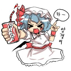 Rule 34 | 1girl, \n/, blood, cowboy shot, dress, fang, female focus, hat, korean text, lowres, mob cap, remilia scarlet, simple background, solo, touhou, v-shaped eyebrows, white background, wings