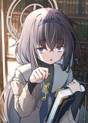 Rule 34 | 1girl, absurdres, black hair, blue archive, blue eyes, blue hairband, blue neckerchief, book, bookshelf, cardigan, hairband, halo, highres, holding, holding book, holding key, key, long hair, long sleeves, looking at viewer, matsushika, neckerchief, off shoulder, open mouth, school uniform, solo, ui (blue archive)
