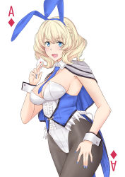 Rule 34 | 1girl, absurdres, ace (playing card), ace of diamonds, ace of hearts, adapted costume, animal ears, black pantyhose, blonde hair, blue eyes, blue necktie, braid, breasts, capelet, card, card (medium), colorado (kancolle), cowboy shot, detached collar, diamond (shape), fake animal ears, heart, highres, kantai collection, large breasts, leotard, necktie, open mouth, pantyhose, playboy bunny, playing card, rabbit ears, rabbit tail, short hair, side braids, simple background, solo, strapless, strapless leotard, tail, takase asagiri, vest, white background, white leotard, wrist cuffs