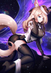 Rule 34 | 1girl, all fours, animal ear fluff, animal ears, arknights, ass, black footwear, black headwear, black thighhighs, blonde hair, blue eyes, breasts, chinese commentary, commentary request, feet out of frame, hand up, high heels, highres, horse girl, large breasts, long hair, long sleeves, looking at viewer, partial commentary, smile, so tsubasa, solo, tail, thighhighs, thighs, whislash (arknights)