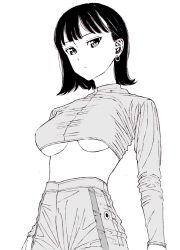Rule 34 | 1girl, bad id, bad pixiv id, black hair, breasts, closed mouth, crop top, dende (dndn222), earrings, greyscale, hair behind ear, high-waist pants, highres, jewelry, large breasts, long sleeves, looking at viewer, medium hair, monochrome, original, pants, scan, scan artifacts, shirt, solo, standing, traditional media, underboob