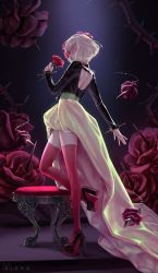 Rule 34 | 1girl, artist name, black shirt, blonde hair, character request, dislyte, flower, from side, glowing, glowing eyes, high heels, highres, holding, holding flower, long sleeves, looking at viewer, m alexa, pink eyes, red flower, red rose, red thighhighs, rose, shirt, short hair, solo, standing, standing on one leg, thighhighs, thorns