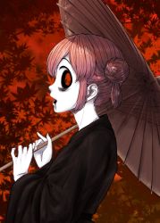 Rule 34 | 1girl, 4shi, autumn leaves, bags under eyes, black kimono, brown umbrella, colored skin, commentary request, dango-chan (4shi), drooling, from side, hair bun, hands up, highres, holding, holding umbrella, hollow eyes, japanese clothes, kimono, long sleeves, looking at viewer, oil-paper umbrella, open mouth, orange background, original, pink hair, profile, short hair, solo, umbrella, upper body, white skin, wide sleeves, yukata