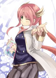 Rule 34 | 1girl, detached sleeves, duel monster, gagaga clerk, gloves, highres, long hair, looking at viewer, normaland, one eye closed, pink hair, skirt, smile, solo, thighhighs, twintails, white thighhighs, yu-gi-oh!