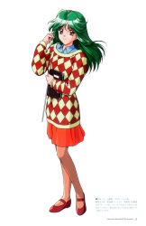 Rule 34 | 1990s (style), 1girl, argyle, argyle clothes, argyle sweater, asou kasumi, brown eyes, brown pantyhose, copyright name, full body, green hair, highres, holding, holding notebook, holding pointer, kokura masashi, long hair, long sleeves, mary janes, notebook, official art, page number, pantyhose, pointer, red footwear, red skirt, retro artstyle, shoes, simple background, skirt, smile, solo, standing, sweater, tokimeki memorial, tokimeki memorial 2, white background
