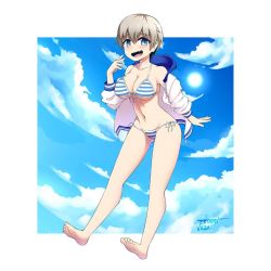 Rule 34 | 1girl, 2020, :d, bare shoulders, barefoot, bikini, blue sky, blush, border, breasts, cloud, cloudy sky, commentary, english commentary, fang, feet, full body, grey hair, hair between eyes, jacket, jestami, large breasts, looking at viewer, navel, off shoulder, open clothes, open jacket, open mouth, outside border, short hair, side-tie bikini bottom, signature, skin fang, sky, smile, solo, stomach, striped bikini, striped clothes, sun, swimsuit, track jacket, underboob, uzaki-chan wa asobitai!, uzaki hana, white border