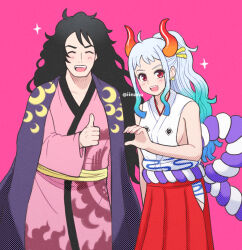 Rule 34 | 1boy, 1girl, artist name, blush, closed eyes, earrings, heart hands failure, highres, horns, iinano (inanosuke), japanese clothes, jewelry, kouzuki momonosuke, long hair, looking at viewer, multicolored hair, one piece, oni, oni horns, open mouth, pink background, smile, thumbs up, yamato (one piece)