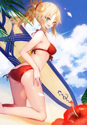 Rule 34 | 1girl, :d, ass, bare arms, bare legs, bare shoulders, beach, bikini, blonde hair, blue sky, blush, breasts, butt crack, cloud, cloudy sky, commentary request, day, dutch angle, fang, fate/grand order, fate (series), feet out of frame, flower, green eyes, halterneck, highres, juexing (moemoe3345), kneeling, long hair, medium breasts, mordred (fate), mordred (fate) (all), mordred (fate/apocrypha), mordred (swimsuit rider) (fate), mordred (swimsuit rider) (first ascension) (fate), open mouth, outdoors, parted bangs, ponytail, prydwen (fate), red bikini, red flower, sand, side-tie bikini bottom, sidelocks, sky, smile, solo, string bikini, surfboard, swimsuit