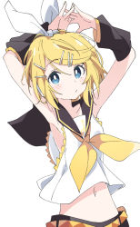 Rule 34 | 1girl, arm warmers, armpits, arms up, black sailor collar, blonde hair, blue eyes, blush, closed mouth, hair ornament, hairclip, ixy, kagamine rin, looking at viewer, midriff, navel, sailor collar, short hair, simple background, solo, vocaloid, white background