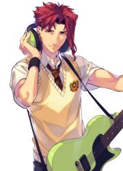 Rule 34 | 1boy, alternate costume, closed mouth, collared shirt, earrings, electric guitar, guitar, hand up, headphones, highres, holding, holding instrument, instrument, jewelry, jojo no kimyou na bouken, kakyoin noriaki, kotatsu (g-rough), looking at viewer, male focus, necktie, pants, red eyes, red hair, school uniform, shirt, simple background, smile, solo, stardust crusaders, upper body, vest, white background, white shirt, wing collar, wristband