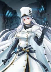 Rule 34 | 1girl, azur lane, black gloves, breasts, buttons, coat, coat dress, coolnova, double-breasted, fur-trimmed coat, fur trim, gloves, hair between eyes, hat, high collar, highres, large breasts, long hair, looking at viewer, military hat, mole, mole under eye, red eyes, silver hair, smile, solo, sovetskaya rossiya (azur lane), very long hair, white coat, white hat