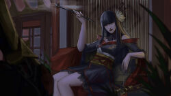 Rule 34 | 1girl, arm rest, artist name, bat hair ornament, black collar, black hair, black kimono, blunt bangs, blunt ends, collar, commentary, couch, english commentary, feet out of frame, final fantasy, final fantasy xiv, flower, from side, hair flower, hair ornament, hair stick, highres, holding, holding smoking pipe, hyur, indoors, inrou, japanese clothes, kimono, kiseru, lace collar, long hair, mole, mole under mouth, obi, obiage, obijime, off shoulder, on couch, pixelationer, plant, red lips, sash, sidelocks, sitting, smirk, smoke, smoking pipe, solo, straight hair, yellow eyes, yotsuyu goe brutus