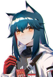 Rule 34 | 1girl, absurdres, animal ear fluff, animal ears, arknights, black shirt, chinese commentary, closed mouth, commentary request, dog tags, food, fur-trimmed jacket, fur trim, gloves, green hair, hair between eyes, hand up, highres, holding, holding food, holding pocky, jacket, jewelry, kongbai huanxiang, long hair, long sleeves, looking at viewer, necklace, open clothes, open jacket, orange eyes, pocky, red gloves, shirt, shoulder strap, sidelocks, solo, texas (arknights), texas (winter messenger) (arknights), upper body, white jacket, wolf ears