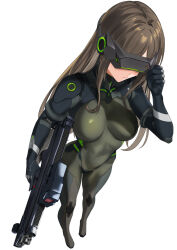 Rule 34 | 1girl, arm up, armor, armored gloves, blazingchaos, bodysuit, breasts, brown hair, from above, full body, goddess of victory: nikke, green bodysuit, hand on headwear, highres, holding, holding weapon, impossible bodysuit, impossible clothes, long hair, mass-produced nikke, medium breasts, shoulder armor, simple background, skin tight, solo, standing, visor (armor), weapon, white background