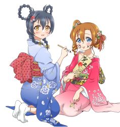 Rule 34 | 10s, 2girls, alternate hairstyle, blue eyes, blush, braid, braided hair rings, commentary request, facepaint, floral print, flower, hagoita, hair between eyes, hair flower, hair ornament, hair ribbon, hair rings, hanetsuki, japanese clothes, kimono, kosaka honoka, long hair, long sleeves, looking at viewer, love live!, love live! school idol festival, love live! school idol project, multiple girls, one side up, open mouth, orange hair, paddle, ribbon, seiza, simple background, sitting, smile, sonoda umi, tetopetesone, tongue, tongue out, white background, wide sleeves, yellow eyes
